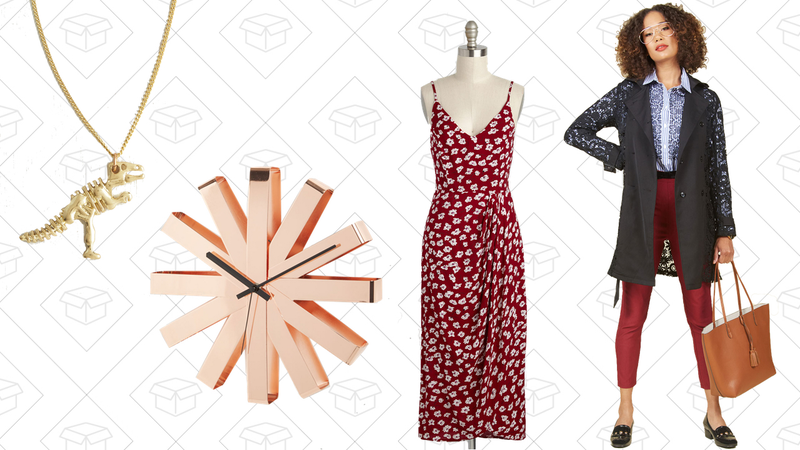 I Dig It Necklace, $15 | Shine Marches On Clock, $50 | Lanai Must Be Dreaming Dress, $60 | Blog Hopper Trench, $90